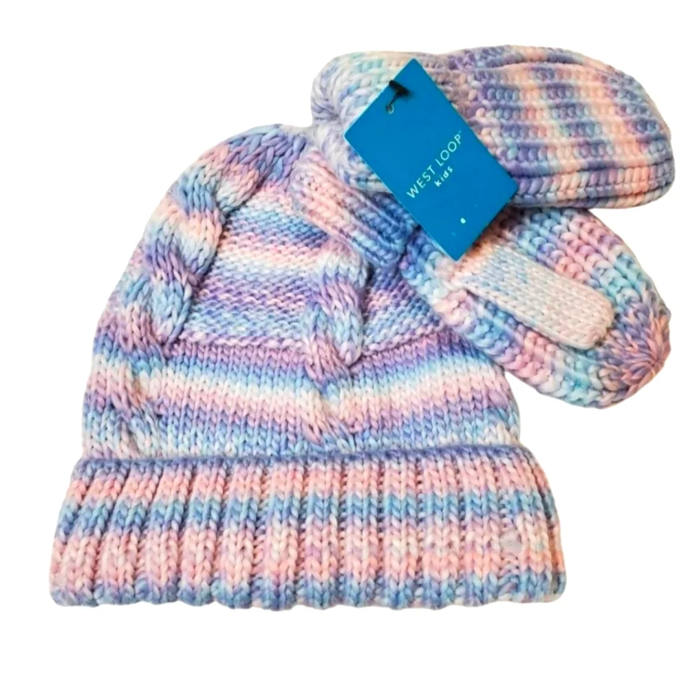 Colorful Pastel Knit Hat and Gloves Set Little Kids One Size Fits All